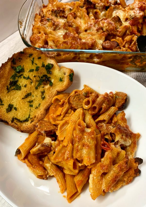 Sausage Pasta Bake with Garlic Bread